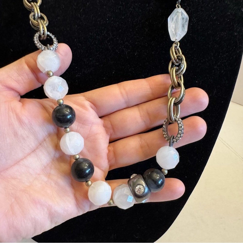 Ann Taylor LOFT Silver Tone Chain Necklace White Black Rhinestone Beads Jewelry